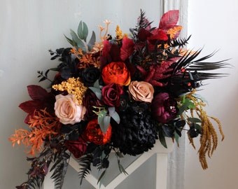 Black orange burgundy bouquet, Gothic wedding bouquet, Moody bouquet