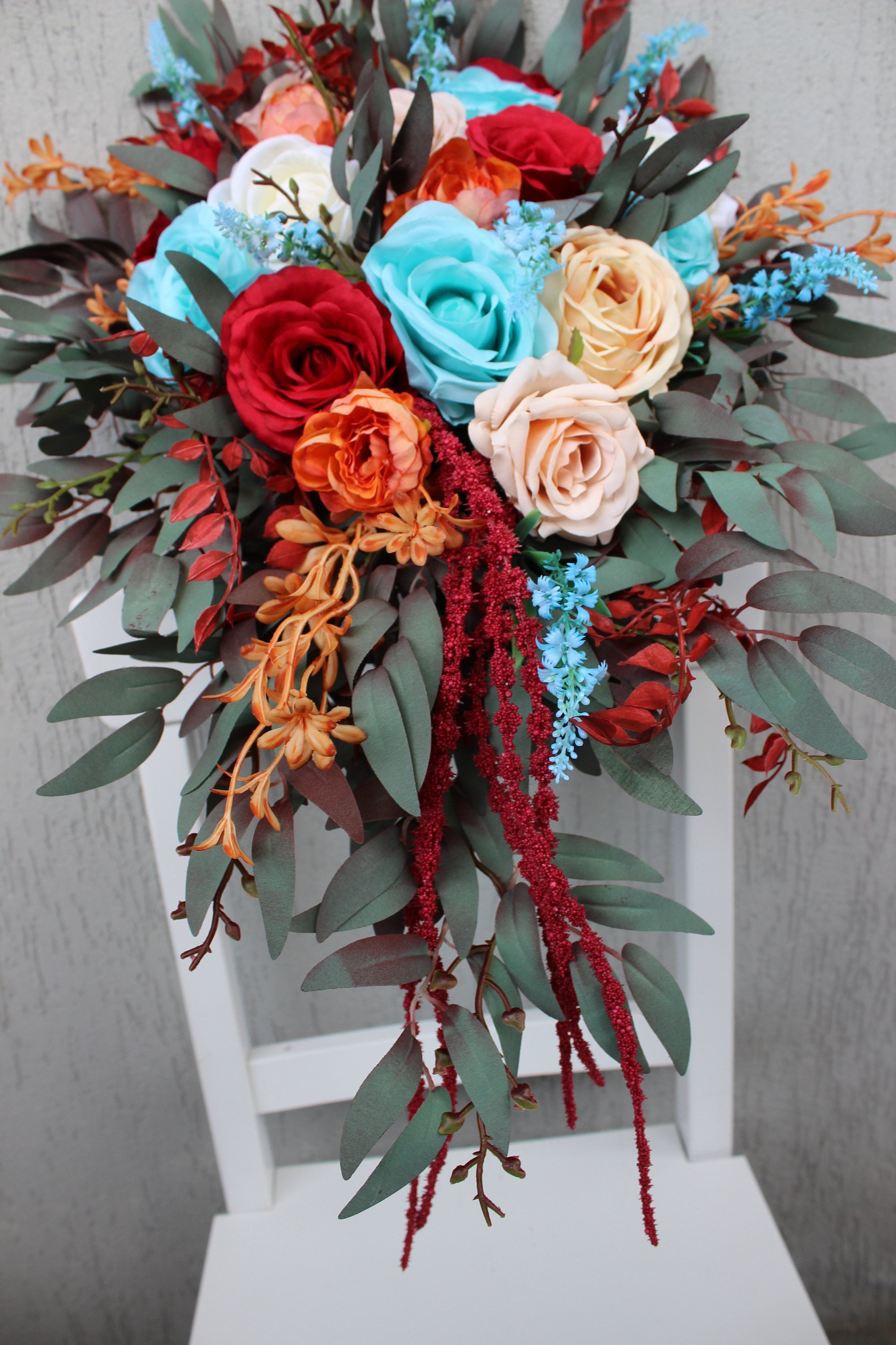 Teal Red Wedding Bouquet, Cascading Bouquet, Fall Wedding Bouquet Teal Red Wedding Bouquet, Cascading Bouquet, Fall Wedding Bouquet