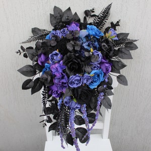 Gothic wedding bouquet, Blue purple black bouquet, Celestial wedding bouquet, Cascading bridal bouquet