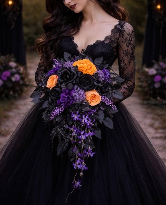 purple bridesmaid dresses with orange flowers Black Bouquet, Cascading Gothic Halloween Bridal Arrangement, Dark Silk Wedding Cotton Linen Midi Dresses purple blooms with lush Orange bridesmaid dresses Color:NavyBlue