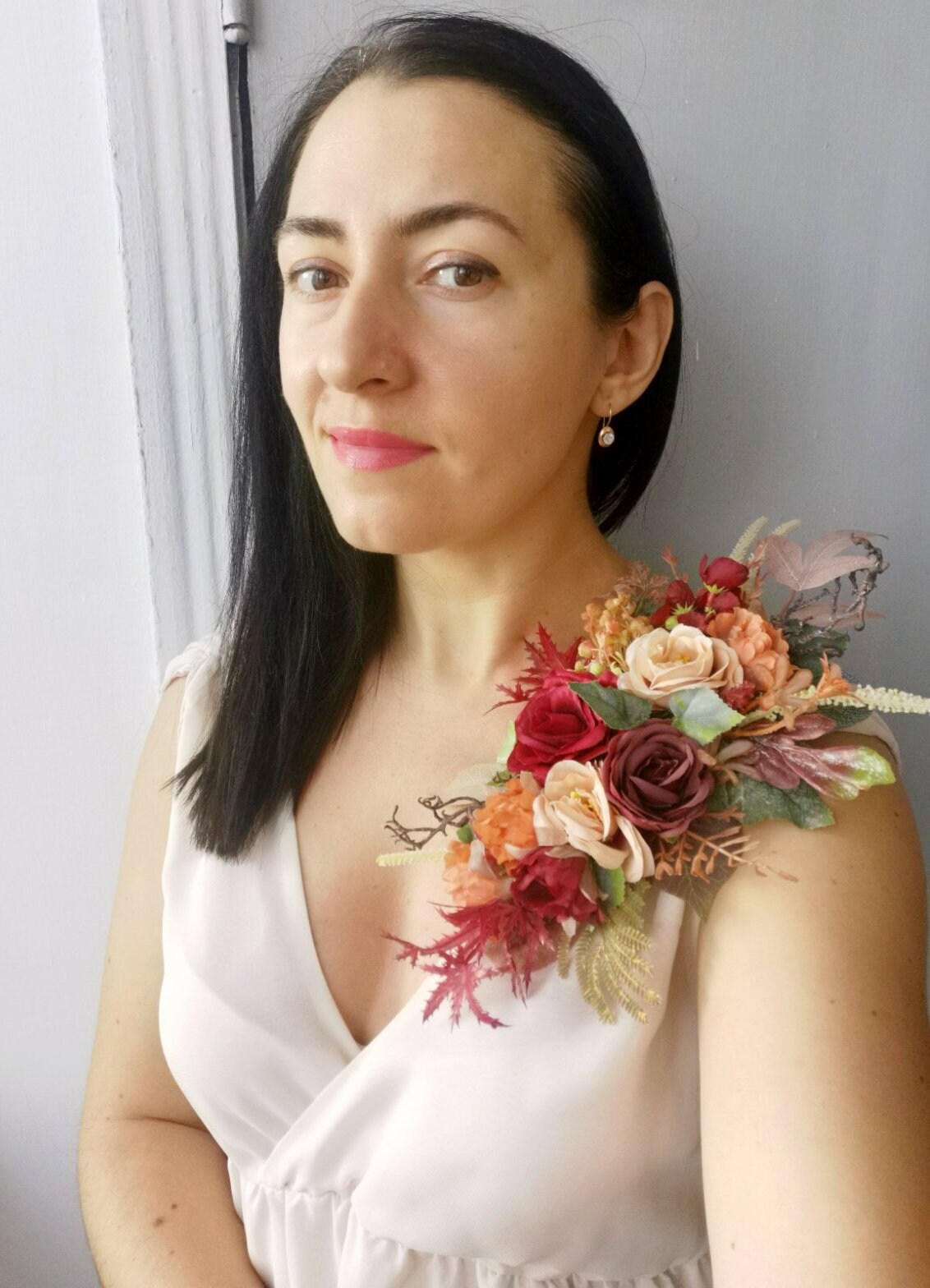 Light Rust Ivory Burgundy Shoulder Corsage, Wedding Pin on