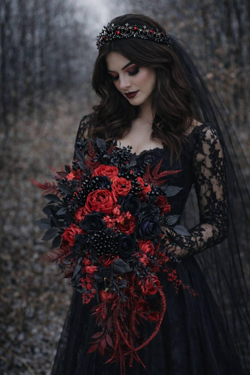 赤黒のウェディングブーケ、ゴシックウェディングブーケ、ハロウィン