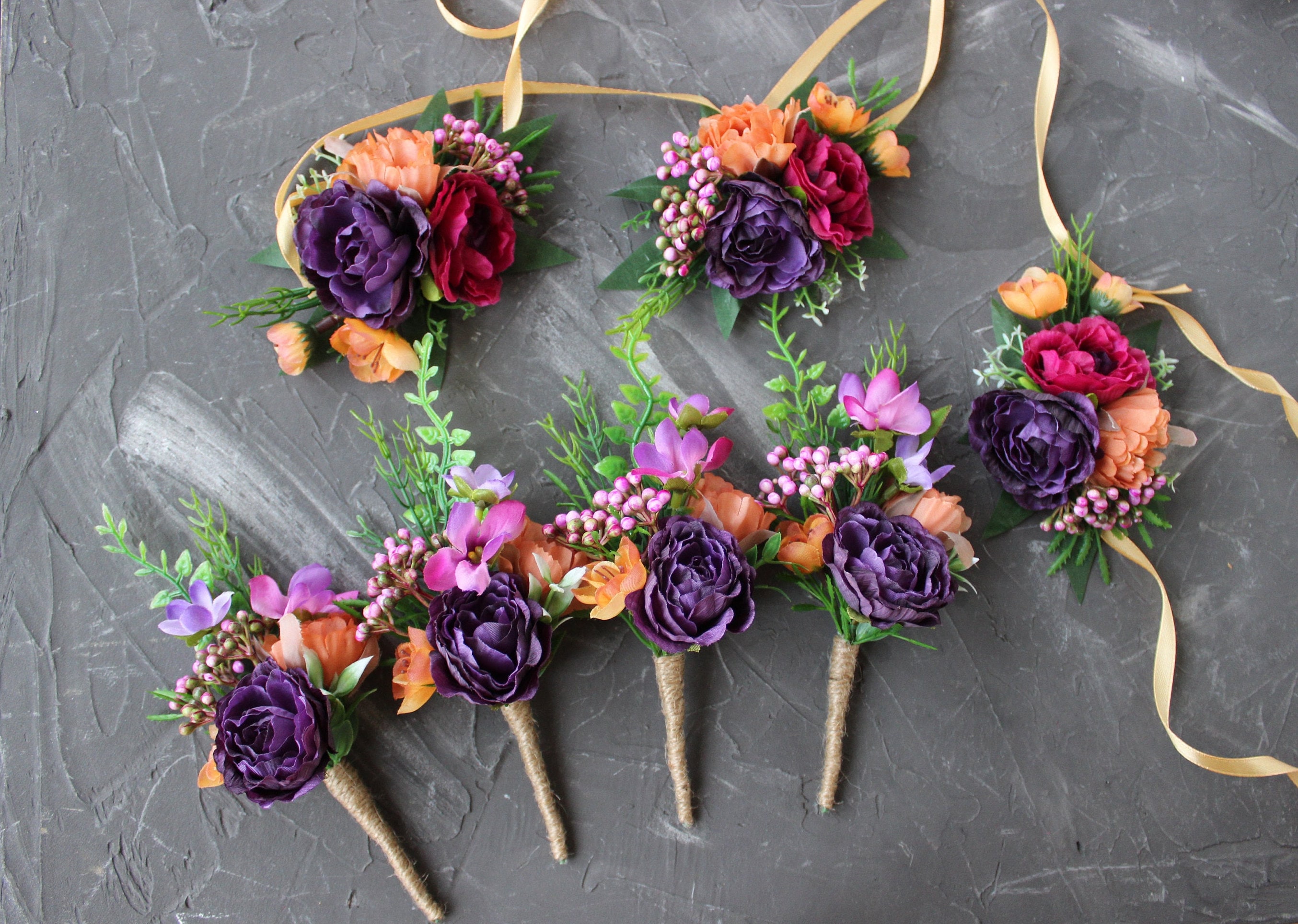 Purple Fuchsia Orange Boutonniere, Jewel Tone Buttonhole