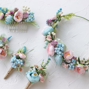 Sky blue pink wedding flowers set, Wedding flower crown, Light blue floral comb, Wedding boutonniere for men