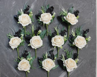 Emerald green black ivory boutonniere, Gothic buttonhole, Forest green ivory fiance flowers