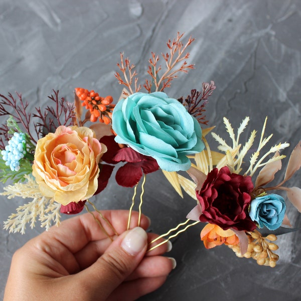 Rust teal burgundy hair pins,  Teal wedding hair pins, Aqua wedding flowers