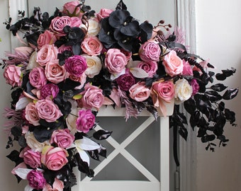 Black mauve pink arch flowers, Gothic wedding flower arch, Wedding arch swag