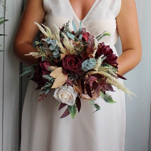 Boho bridal bouquet, Taupe tan ivory burgundy bouquet, Winter wedding bouquet Bridesmaid 8"