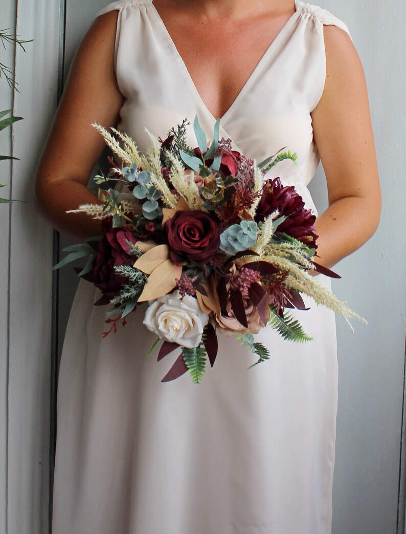 Boho bridal bouquet, Taupe tan ivory burgundy bouquet, Winter wedding bouquet Bridesmaid 8"