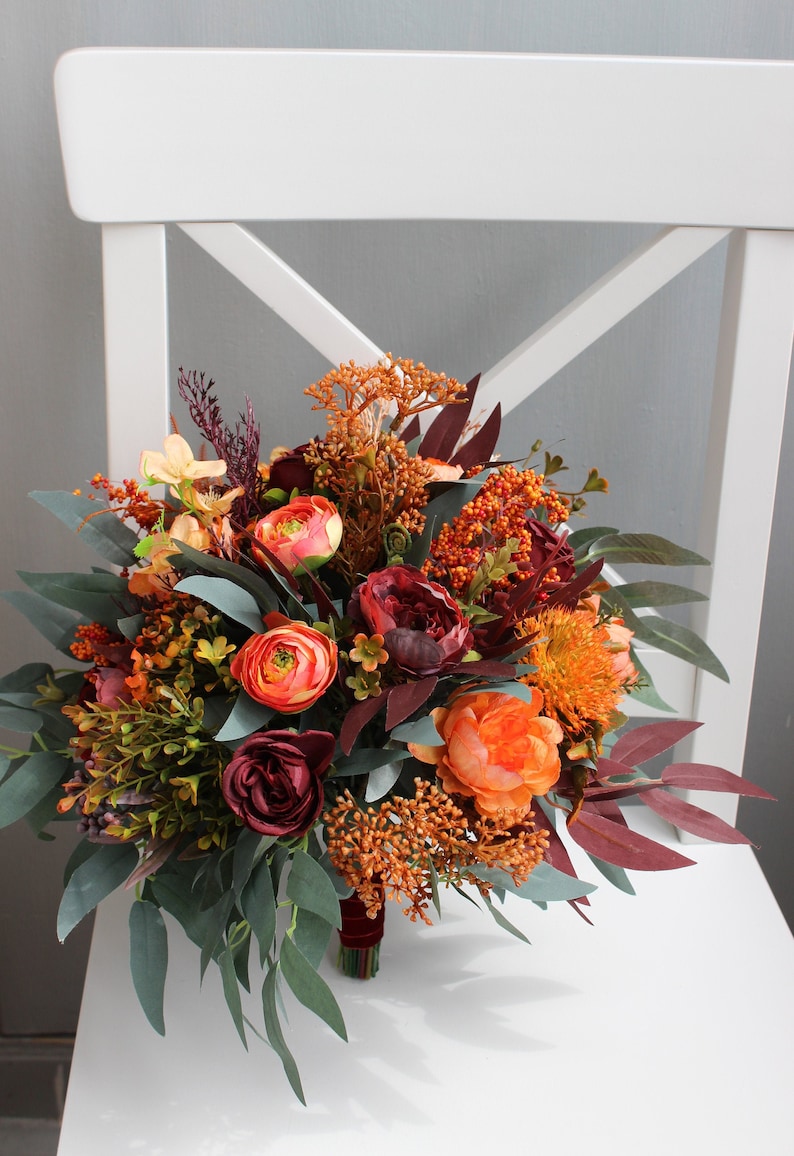 Burnt orange burgundy bouquet, bridal flower bouquet, silk wedding bouquet, eucalyptus bouquet, wedding flowers image 2