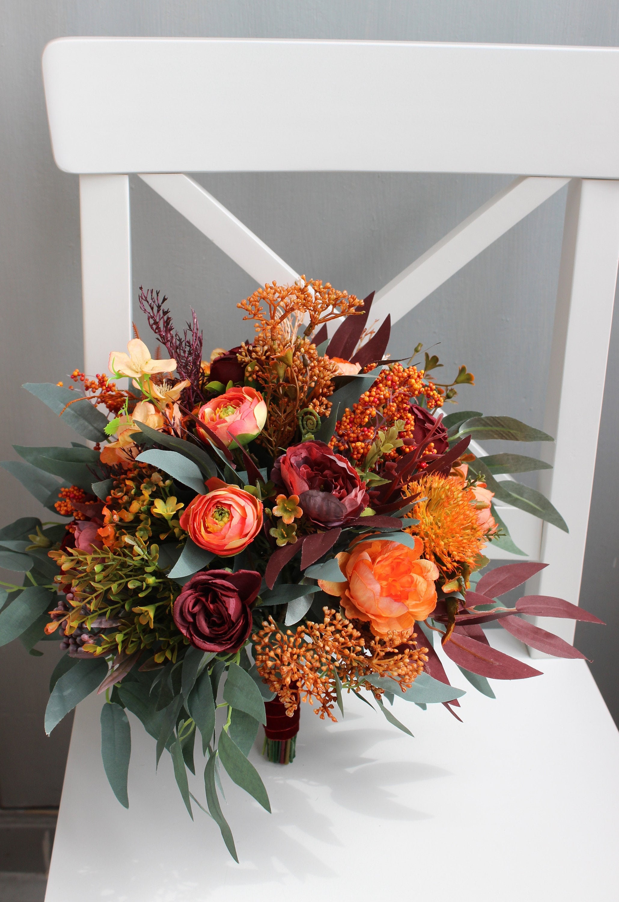 Burnt Orange Burgundy Bouquet Bridal Silk Flower Bouquet - Etsy UK