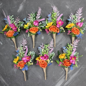 Orange pink sunflower bouquet, Colorful wedding bouquet, Wildflower bouquet