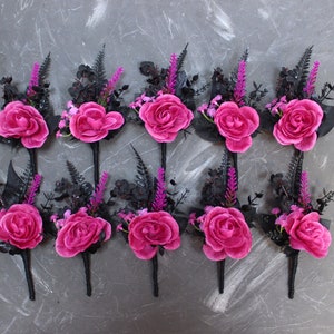 Fuchsia black boutonnieres, Gothic wedding buttonhole, Hot pink wedding boutonniere