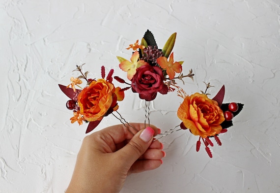 Set of 3 Hair Pins, Burnt Orange Burgundy Floral Pins, Fall  display picture 1