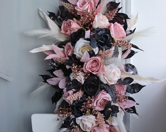 Black ivory rose gold arch flowers, Gothic wedding flower arch, Wedding arch swag