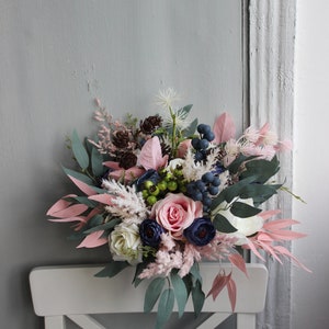 Winter wedding bouquet, Navy ivory pink wedding bouquet with pines, Silk flower bouquet Bridesmaid 7-8"