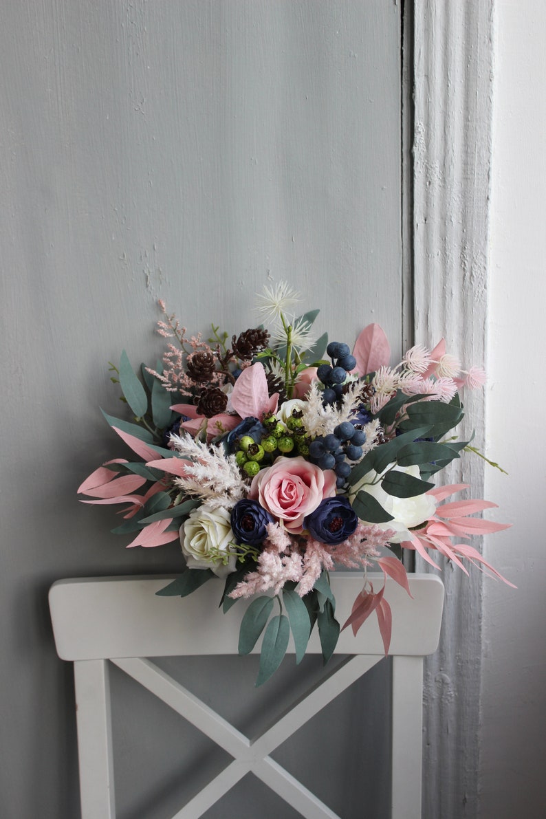 Winter wedding bouquet, Navy ivory pink wedding bouquet with pines, Silk flower bouquet Bridesmaid 7-8"