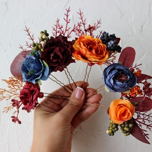 Burgundy orange navy wedding hair pins, Set of hair pins, Fall wedding hair accessories