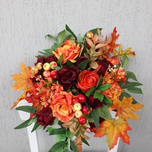 Orange burgundy bouquet, Fall wedding bouquet, Boho bridal bouquet