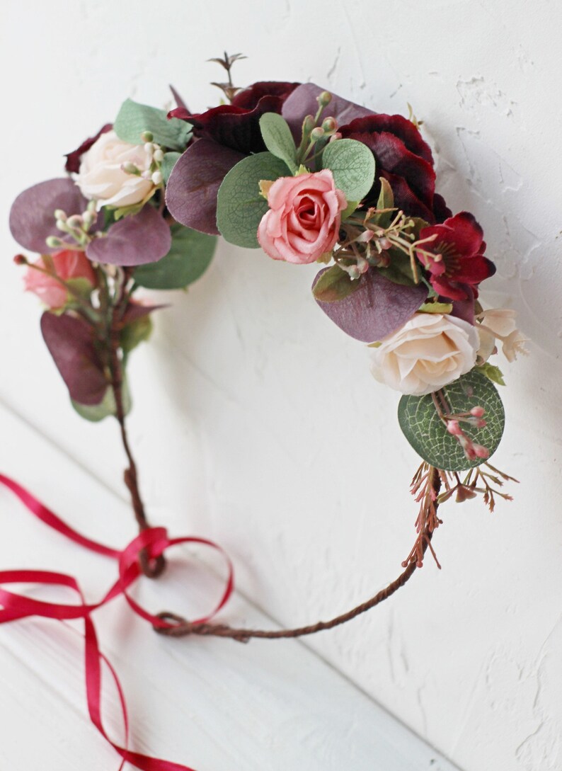 bridesmaids on their eucalyptus flower girls greenery or burgundy wedding. Eucalyptus burgundy dusty pink flower crown for brides