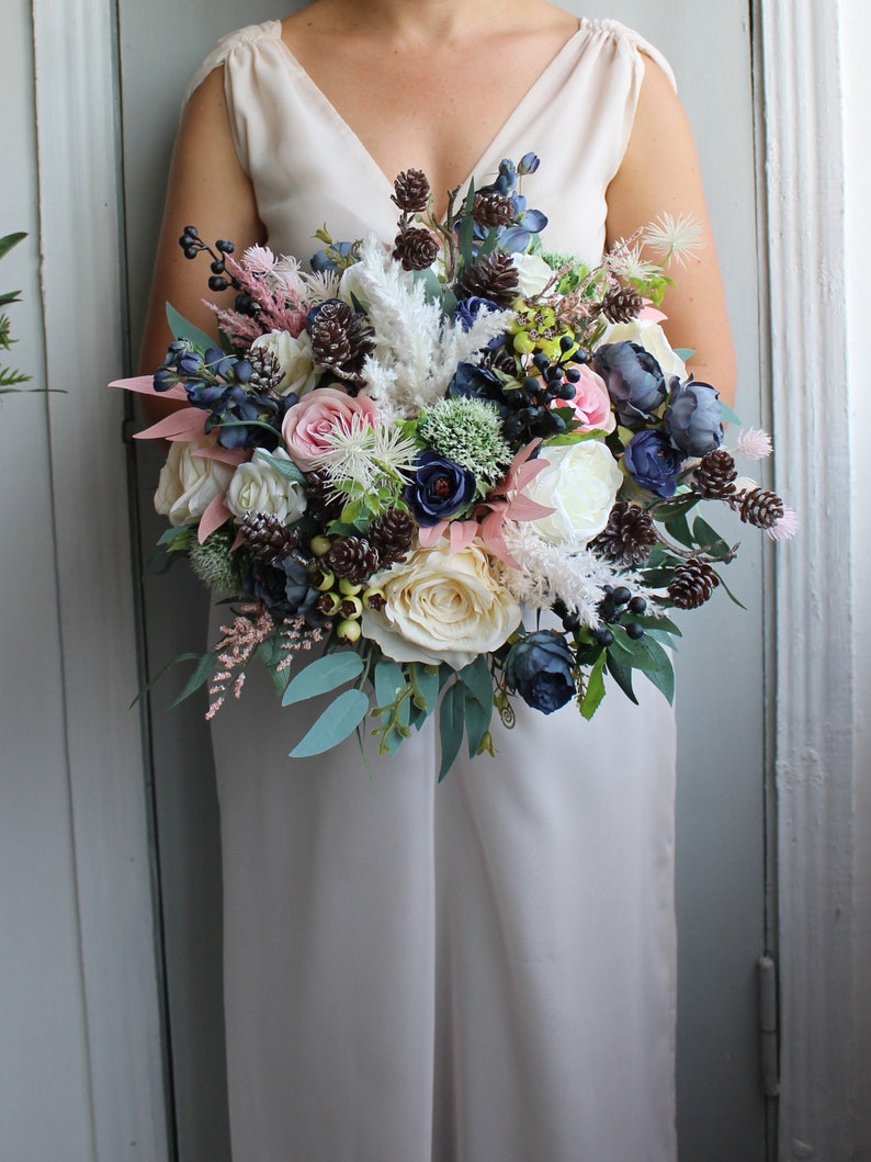 Winter wedding bouquet, Navy ivory pink wedding bouquet with pines, Silk flower bouquet Bridal 13"