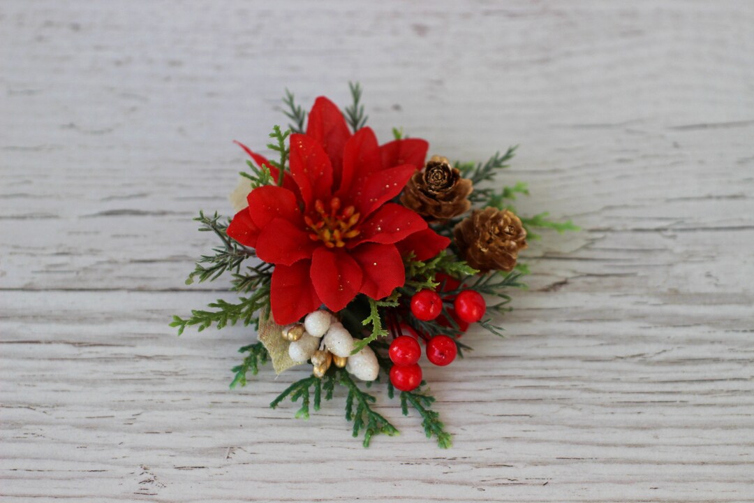 Christmas Hair Clip Poinsettia Hair Clip Greenery Hair Pins Etsy
