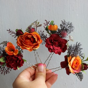 Burgundy orange wedding hair pins, Set of hair pins, Fall wedding hair accessories