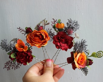 Burgundy orange wedding hair pins, Set of hair pins, Fall wedding hair accessories