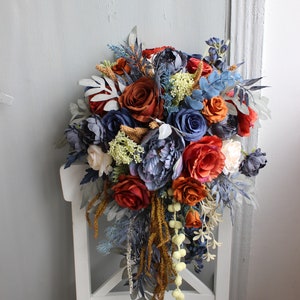 Rust navy wedding bouquet, Cascading bouquet, Fall wedding bouquet