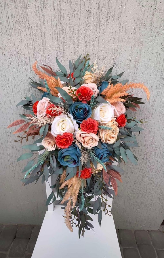 Rust Teal Burgundy Wedding Bouquet, Cascading Bouquet, Fall