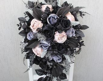 Black grey taupe bouquet, Gothic wedding bouquet, Cascading bridal bouquet, Gothic wedding decor, Black wedding