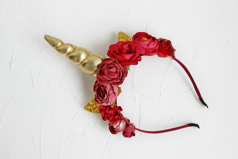 First birthday animal ears crown Burgundy gold unicorn headband for girls and adults Christmas unicorn horn for unicorn party