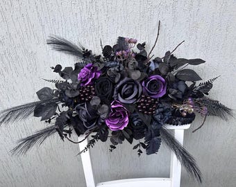 Purple black arch flowers Gothic wedding arch swag Moody Halloween wedding aisle arbor decor