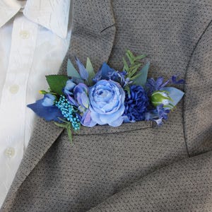 Blue pocket square, Bright wildflowers pocket boutonniere, Fiance pocket flowers, Wedding flowers