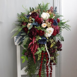 Deep green ivory burgundy navy wedding bouquet, Cascading bouquet, Fall wedding bouquet