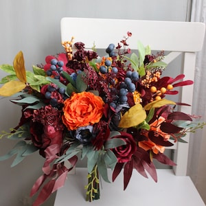 Burgundy navy orange wedding bouquet, Bridal silk flower bouquet, Fall wedding bouquet