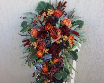 Rust navy burgundy wedding bouquet, Cascading bouquet, Fall wedding bouquet