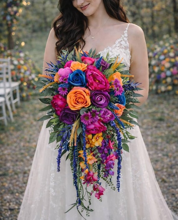 purple bridesmaid dresses with orange flowers Magenta Blue Bouquet, Jewel Tone Wedding Bouquet, Emerald Colorful Wedding burnt orange and purple wedding colors