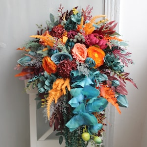 Teal Burgund Orange Bouquet, Cascading Bouquet, Hochzeit im Herbst
