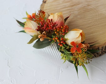 Peigne à fleurs orange brûlé, casque floral de mariage d’automne, fleurs de mariage de demoiselle d’honneur nuptiale