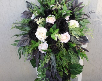 Emerald green black ivory bouquet, gothic cascading  bouquet, forest green moody bouquet,  wedding decor, silk flower bouquet