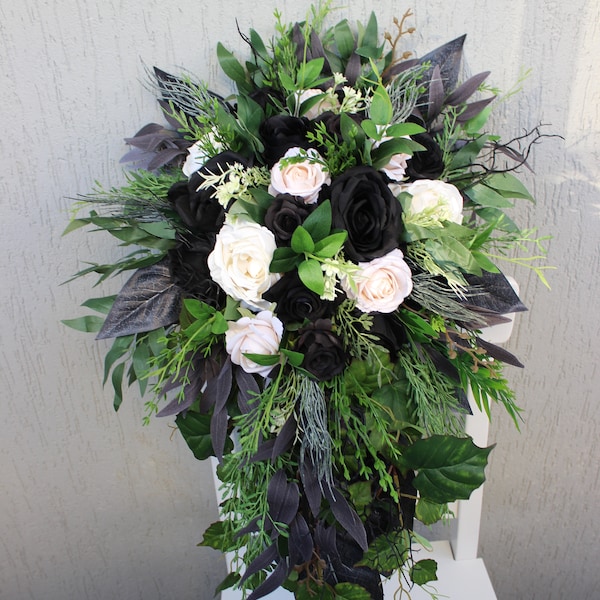 Emerald green black ivory bouquet, gothic cascading  bouquet, forest green moody bouquet,  wedding decor, silk flower bouquet