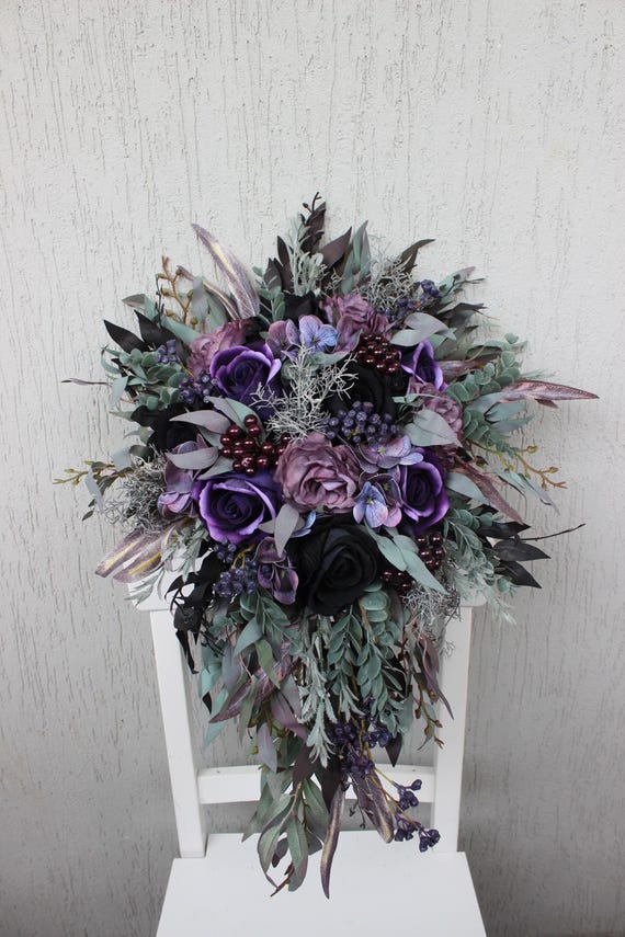 Sage mauve purple black bouquet, dark wedding bouquet, gothic bouquet, cascading bridal bouquet, faux flowers