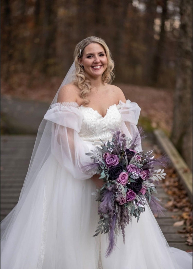 Sage mauve purple silver bouquet, Gothic wedding bouquet, Moody bouquet, Cascading bouquet image 2