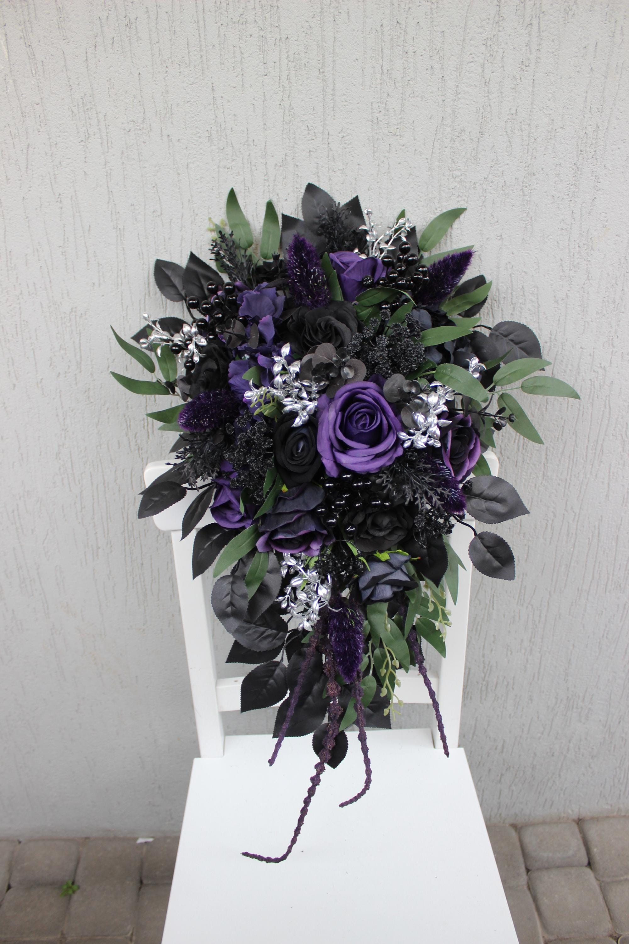 Purple black green silver wedding bouquet, Cascading bridal bouquet,…