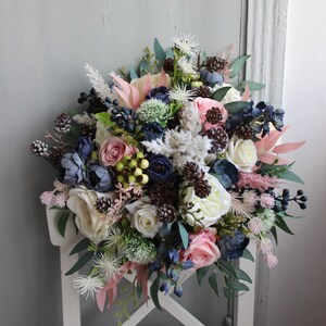 Winter wedding bouquet, Navy ivory pink wedding bouquet with pines, Silk flower bouquet image 3