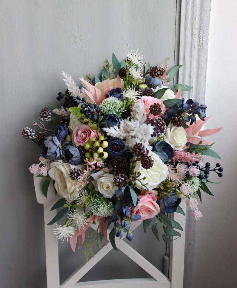 Winter wedding bouquet, Navy ivory pink wedding bouquet with pines, Silk flower bouquet image 3