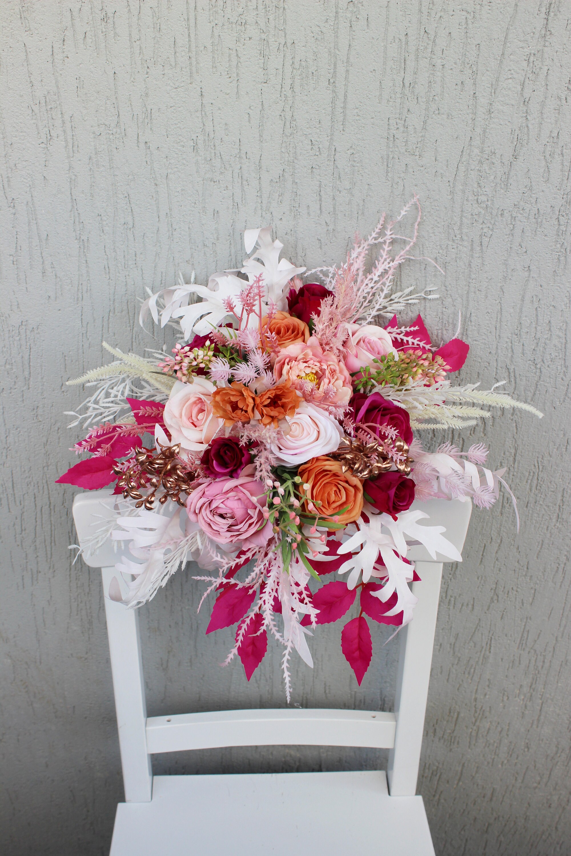Fuchsia rose gold white orange wedding bouquet, Cascading bouquet, Boho bridal bouquet