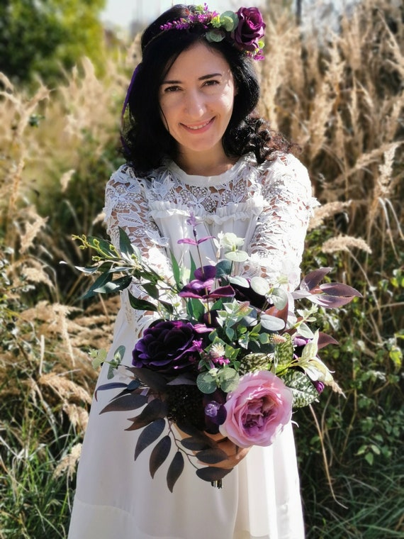 Plum Purple Fall Wedding Bouquet Silk Flower Bouquet Bridal Etsy