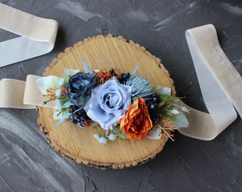 Navy orange bridal sash, Fall wedding sash belt, Flower girl belt